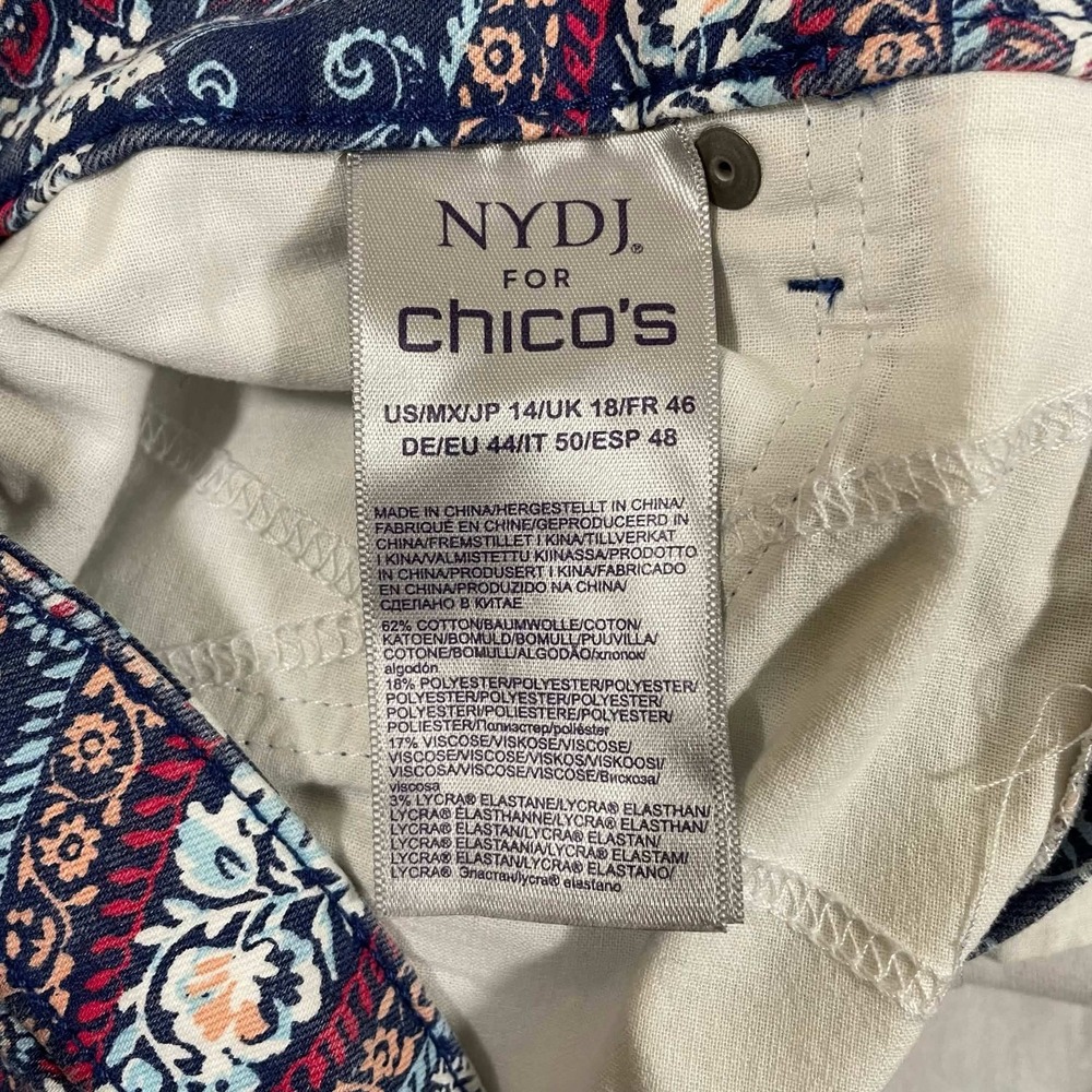 NYDJ for Chico's Size 14 Paisley Skinny Ankle Pants Blue Pink Lift Tuck Spring - Picture 7 of 11